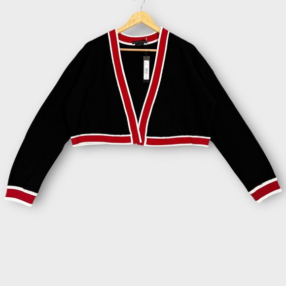 Alice + Olivia Women's Juana Tipped Stripe Crop‎ Cardigan Black/ Red Size XL NEW - Picture 3 of 14
